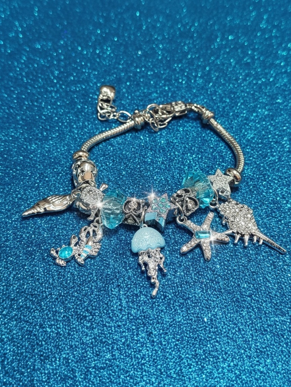 Silver and Aqua Ocean Charm Bracelet - Women Jewelry